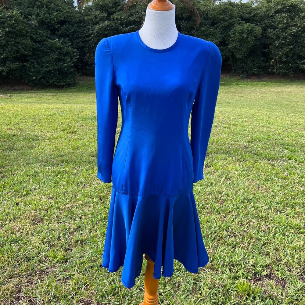 Carolina Herrara Vintage Cobalt Blue Drop Waist Flounce Dress sz 10 - Picture 2 of 11